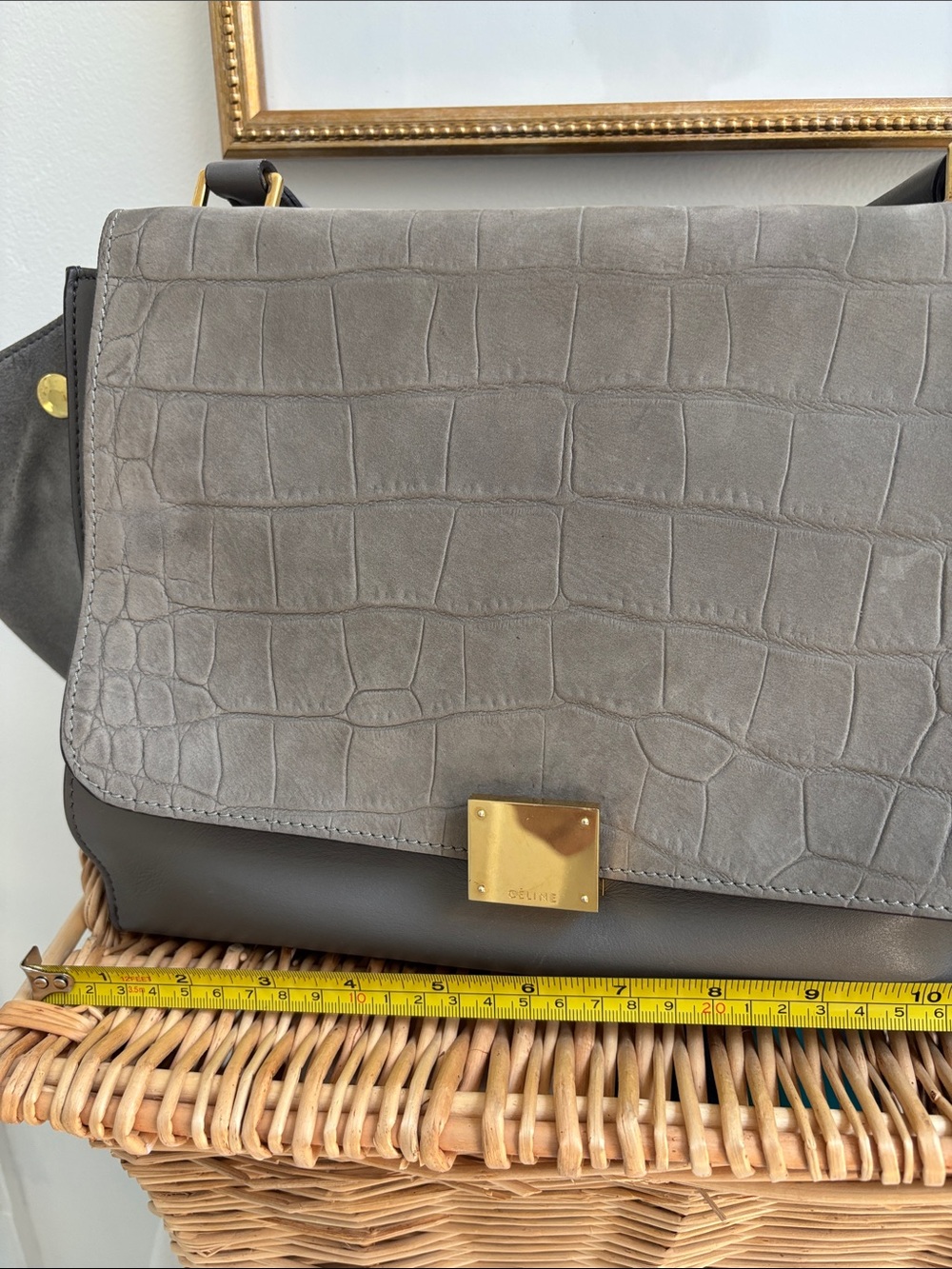 Celine Gray Croc-Embossed Leather Satchel with Gold Hardware - Picture 9 of 14